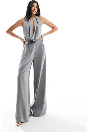 ASOS Satin cowl neck halter jumpsuit in silver