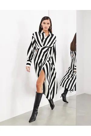 ASOS Satin long sleeve shirt dress in monochrome stripe