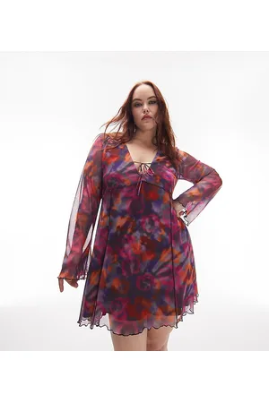 Topshop Curve lettuce edge mesh mini tea dress in pink rose