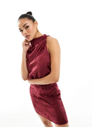 Flounce London High neck sleeveless satin mini dress in port