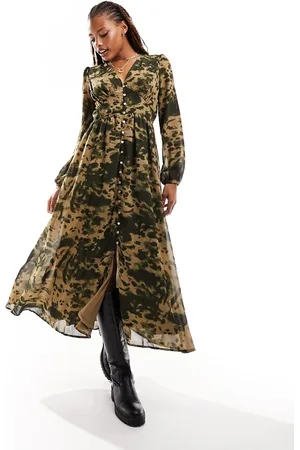 ONLY Button down maxi dress in khaki abstract animal