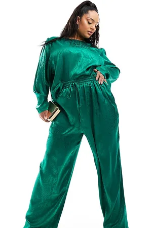 Flounce London Satin floaty pants in emerald - part of a set