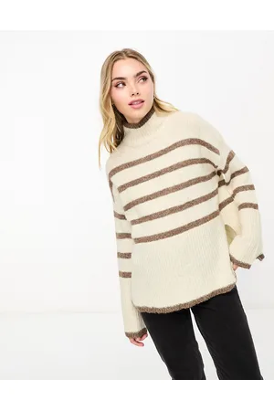 VERO MODA High neck oversized stripe sweater in cream and brown