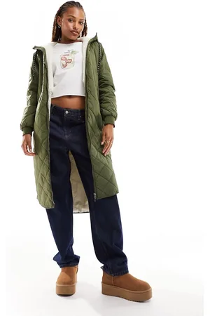 ONLY Quilted longline coat with teddy hood in khaki
