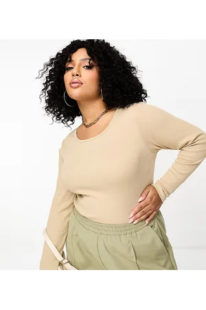 Yours Long sleeve ribbed bodysuit in beige
