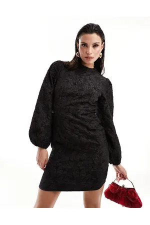 VILA High neck mini dress with volume sleeves in jacquard
