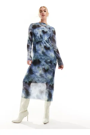 & OTHER STORIES Mesh midi dress with asymmetric bodice in blurred inky print