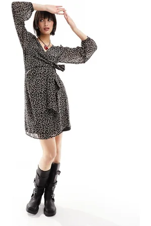 Object Long sleeve wrap front mini dress in black ditsy floral