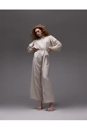 Topshop Button jumpsuit with tie in sand