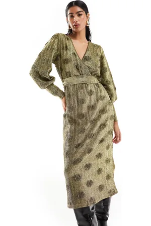 Y.A.S Y.A.S textured plisse glitter midi dress in gold