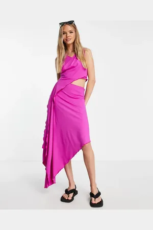 Topshop Cut out jersey lettuce hem asymmetric midi dress in magenta