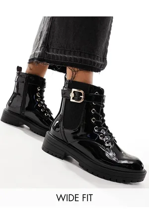 River Island Wide fit lace up boot with gold buckle in