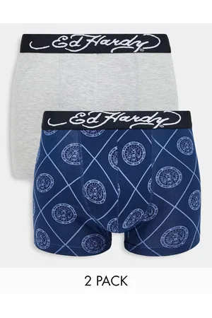 ED HARDY 2-pack boxers logo jacquard waistband boxers in navy and gray