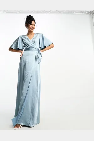 Six Stories Bridesmaid angel sleeve wrap satin maxi dress in dusty