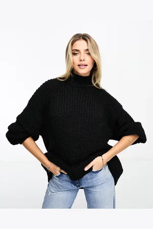 Monki High neck chunky rib knitted sweater with volume sleeve in