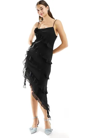 Monki Asymmetric ruffle detail midi dress in