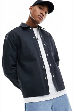 River Island Long sleeve snap front overshirt in dark
