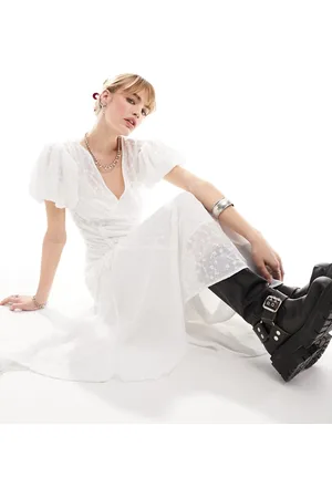 Reclaimed Embroidered maxi tea dress with ruched detail in white