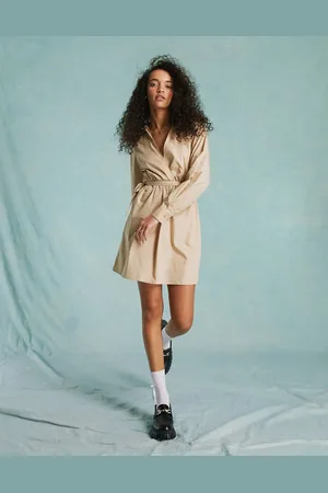 Miss Selfridge Poplin ballet wrap mini shirt dress in stone