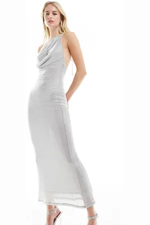 ASOS ASOS DESIGN Tall chainmail sheer asymmetric shoulder cowl midi dress in