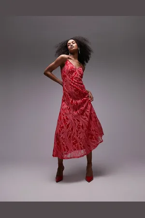 Topshop Lace cami midi dress in and red