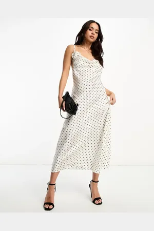 New Look Polka dot satin midi slip dress with corsage in
