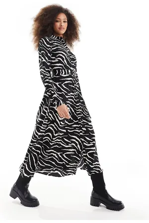 Pieces® Tie waist midi shirt dress in black & white zebra print