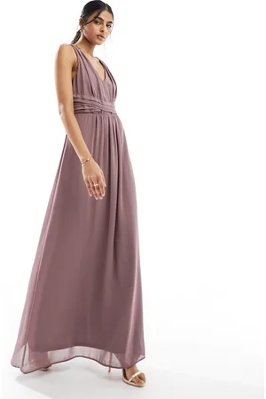 VILA Bridesmaid wrap waist detail maxi dress with pleat front in taupe