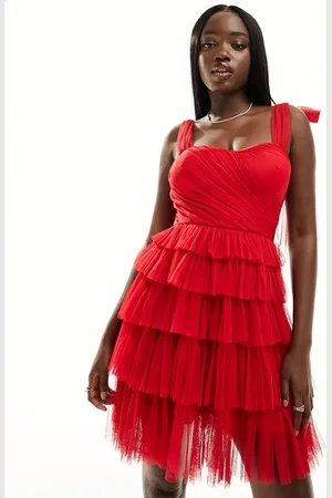 Lace & Beads Bow shoulder tulle ruffle mini dress in