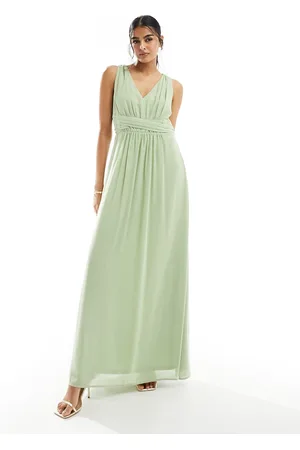 VILA Bridesmaid wrap waist detail maxi dress with pleat front in sage