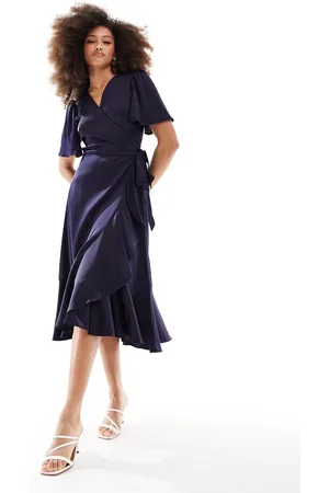 Y.A.S Bridesmaid satin wrap midi dress in