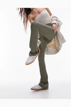 Topshop Skinny rib flared pants in khaki