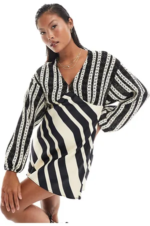 Never Fully Dressed Petite crochet balloon sleeve mini dress in monochrome stripe