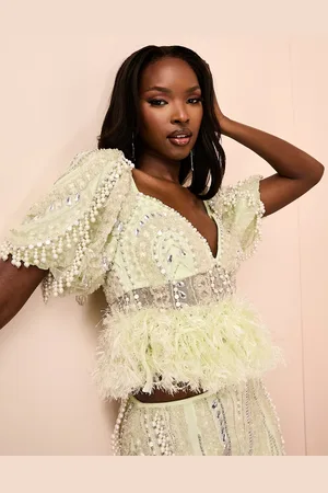 ASOS Drop pearl embellished puff sleeve top in green - part of a set