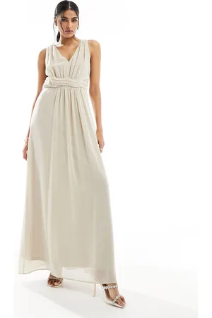 VILA Bridesmaid wrap waist detail maxi dress with pleat front in stone