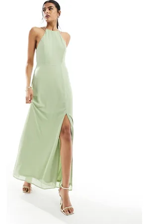 VILA Bridesmaid halterneck strappy cross back maxi dress in sage