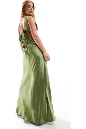 Six Stories Bridesmaid bow back satin maxi dress in moss