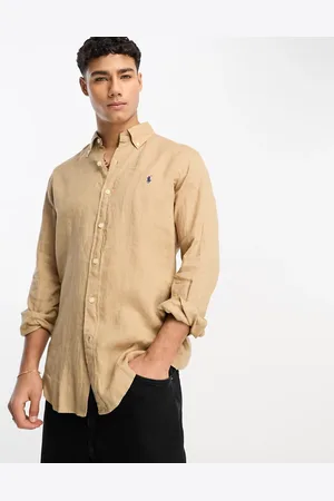 Ralph Lauren Icon logo linen shirt custom fit in khaki tan
