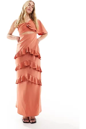 Pretty Lavish One sleeve ruffle midaxi dress in terracotta