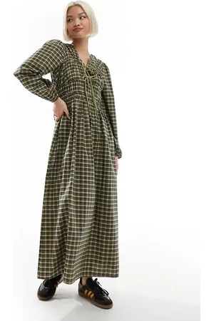 Reclaimed Drawstring tie smock dress in plaid