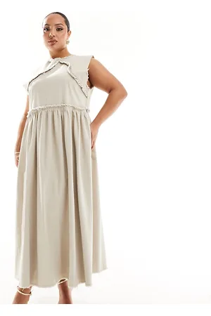 COLLUSION Plus twill raw hem maxi smock dress in stone