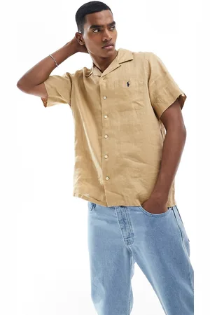 Ralph Lauren Icon logo short sleeve linen shirt classic oversized fit in khaki tan - part of a set