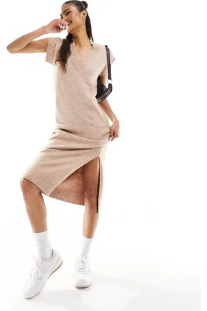 River Island Academy midi dress with side split in beige