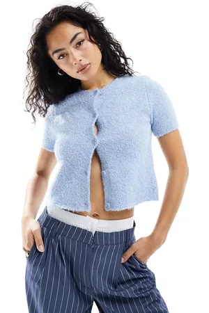 ASOS Knit button front short sleeve cardigan in fluffy yarn in