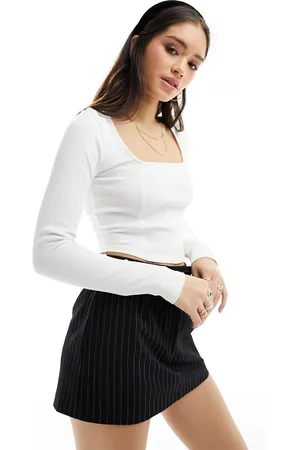 Miss Selfridge Long sleeve corset rib top in ivory
