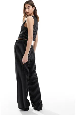 Reclaimed Pull on tailored straight leg pinstripe pants with satin waistband detail