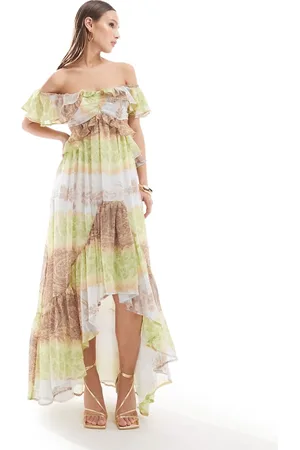 ASOS Ruffle cut out off the shoulder maxi dress with hi low hem in mixed vintage floral