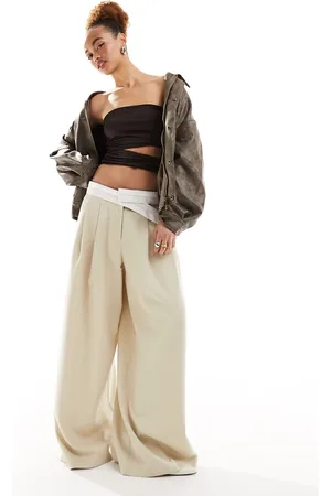 Lioness Low rise tailored contrast waistband pants in beige