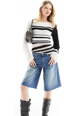 COLLUSION Slash neck striped sweater in and white