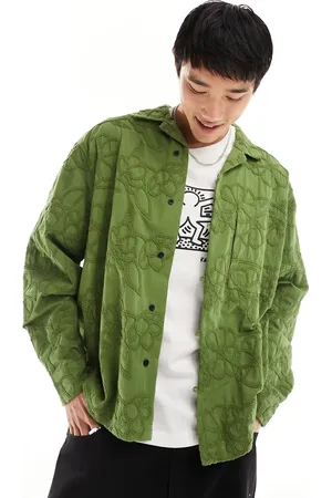 ASOS Boxy oversized revere collar all over embroidered shirt in khaki